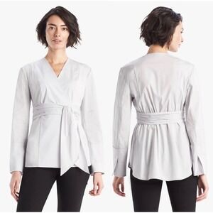 MM LaFleur Miyuki Wrap Blouse Grey Cotton Long Sleeve V-Neck Top Size M